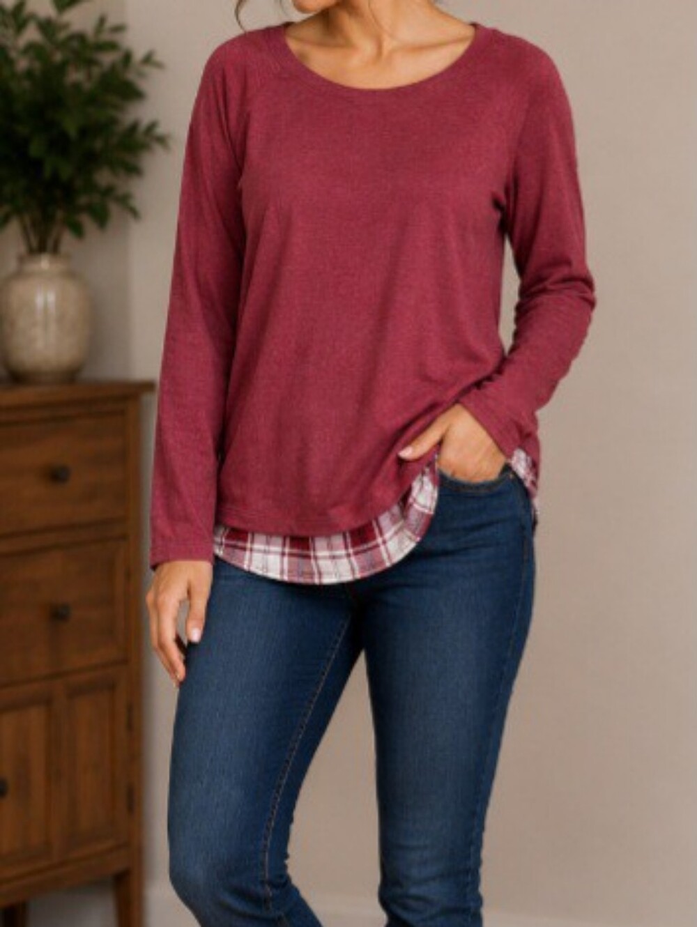 Layered Burgundy Plaid Hem Top | Cozy Casual Long Sleeve Shirt